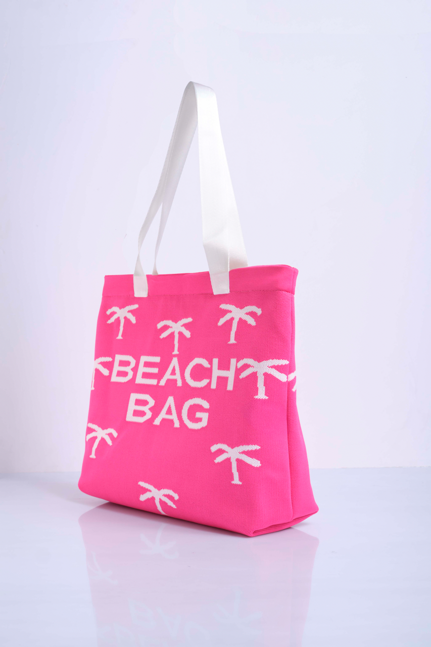 Fuşya - Palmiye Desenli Triko Plaj Çantası