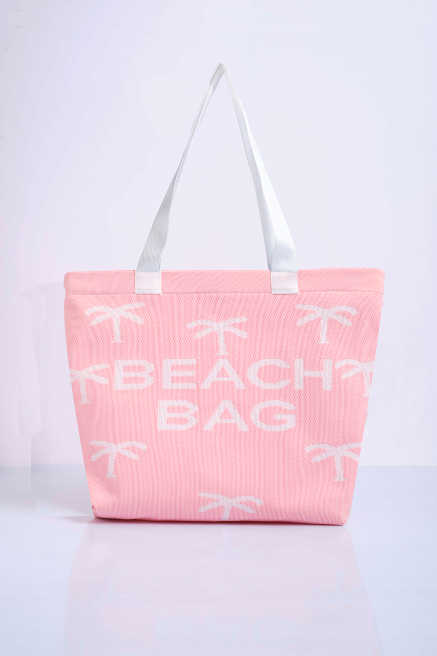 Pudra - Palmiye Desenli Triko Plaj Çantası