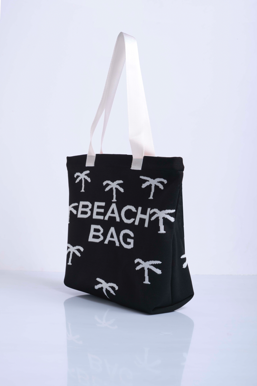 Siyah - Palmiye Desenli Triko Plaj Çantası