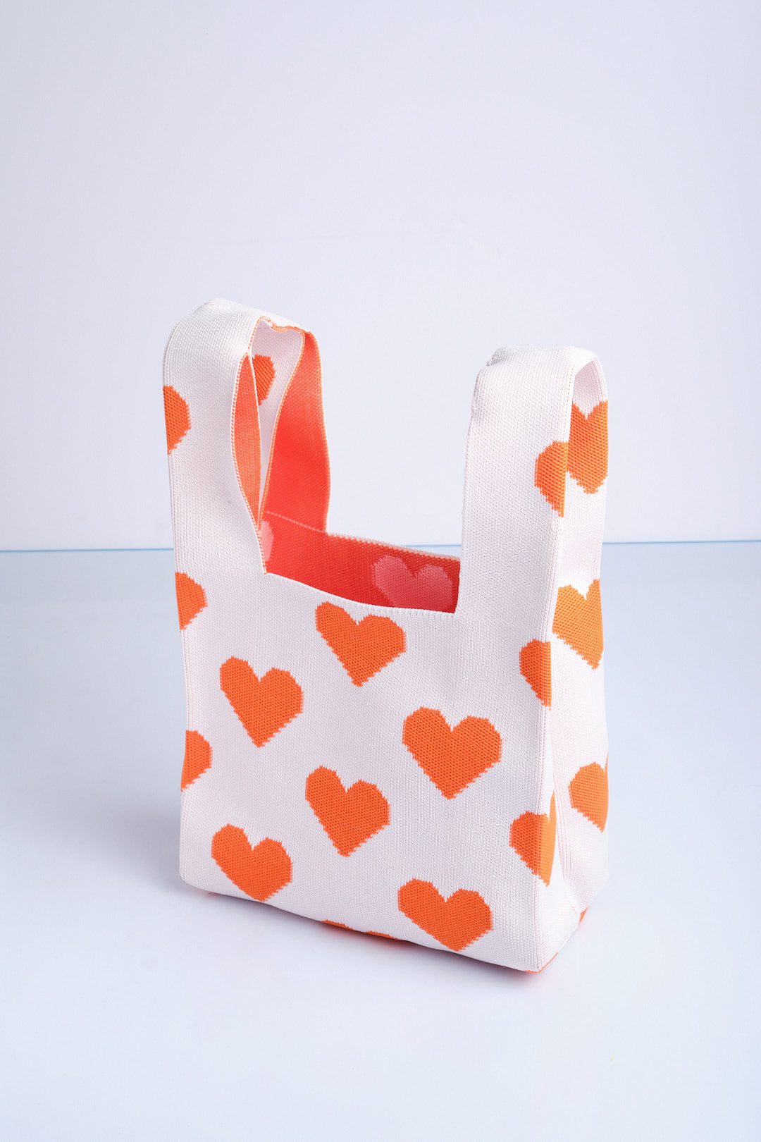Turuncu-Beyaz- Kalp Desenli Triko Tote El Çantası