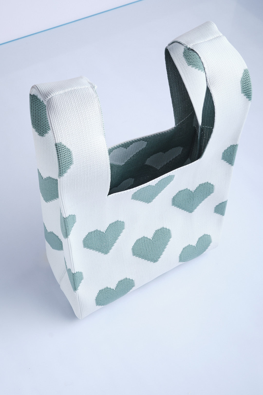 Yeşil-Beyaz- Kalp Desenli Triko Tote El Çantası