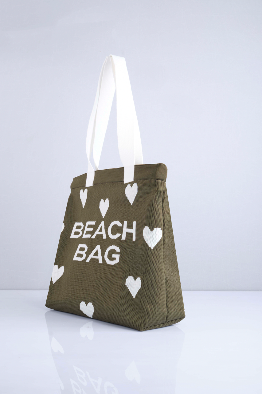 Haki- Kalp Desenli Triko Plaj Çantası