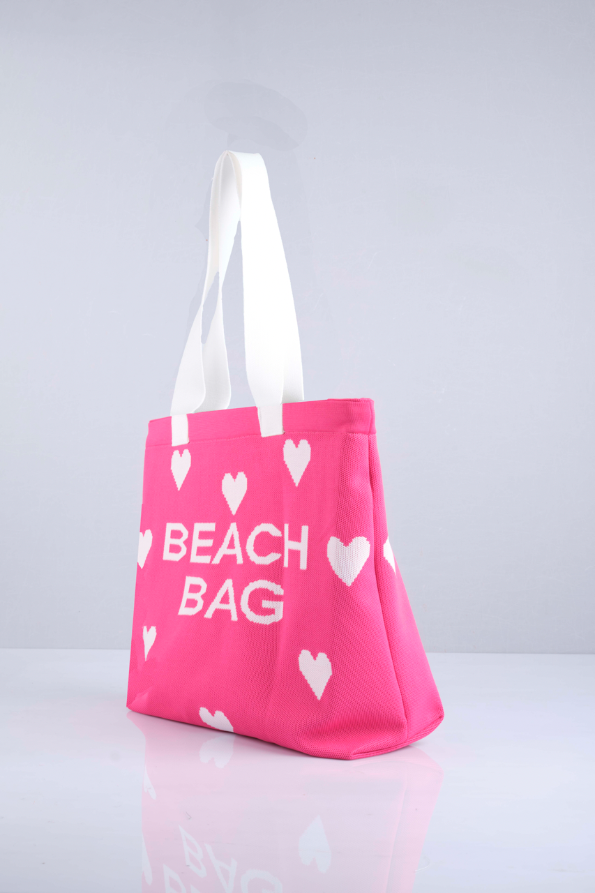 Fuşya- Kalp Desenli Triko Plaj Çantası