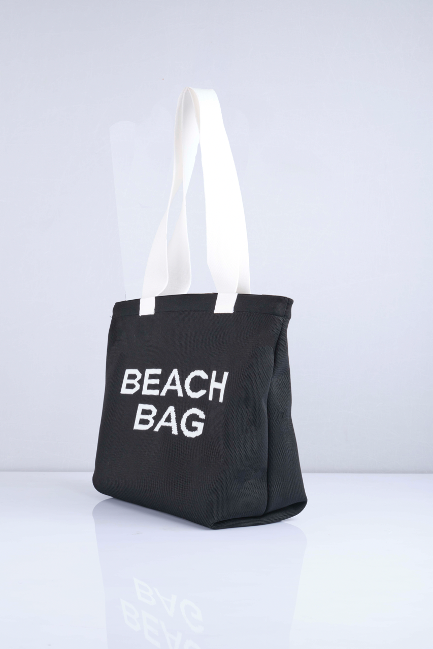 Siyah - Beach Bag Yazılı Triko Plaj Çantası
