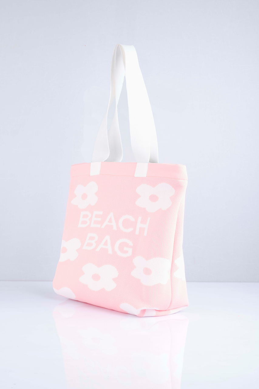 Pudra - Çiçek Desenli Triko Plaj Çantası