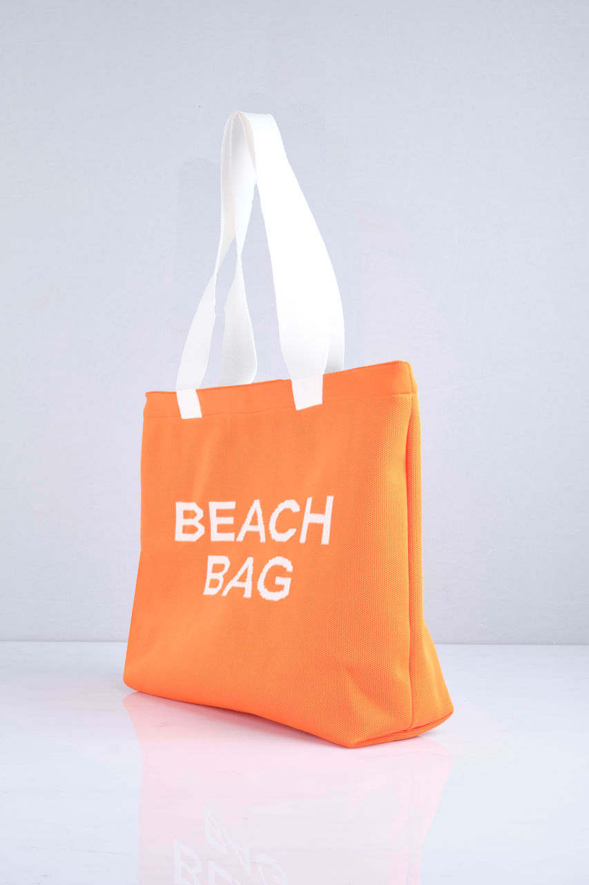 Turuncu - Beach Bag Yazılı Triko Plaj Çantası