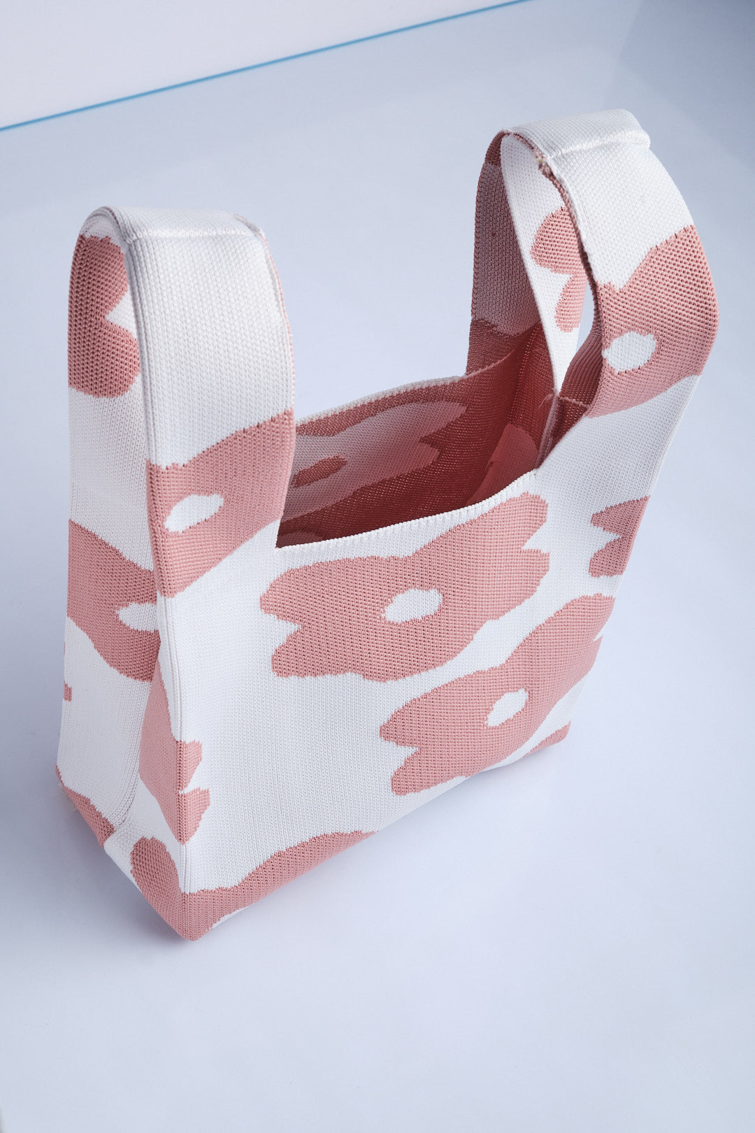 Pembe-Beyaz - Çiçek Desenli Triko Tote El Çantası