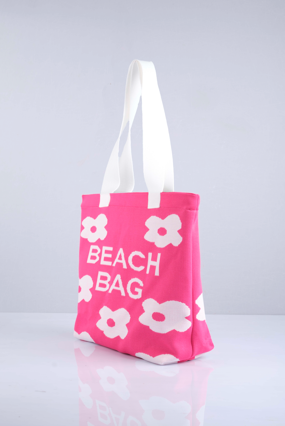 Fuşya  - Çiçek Desenli Triko Plaj Çantası