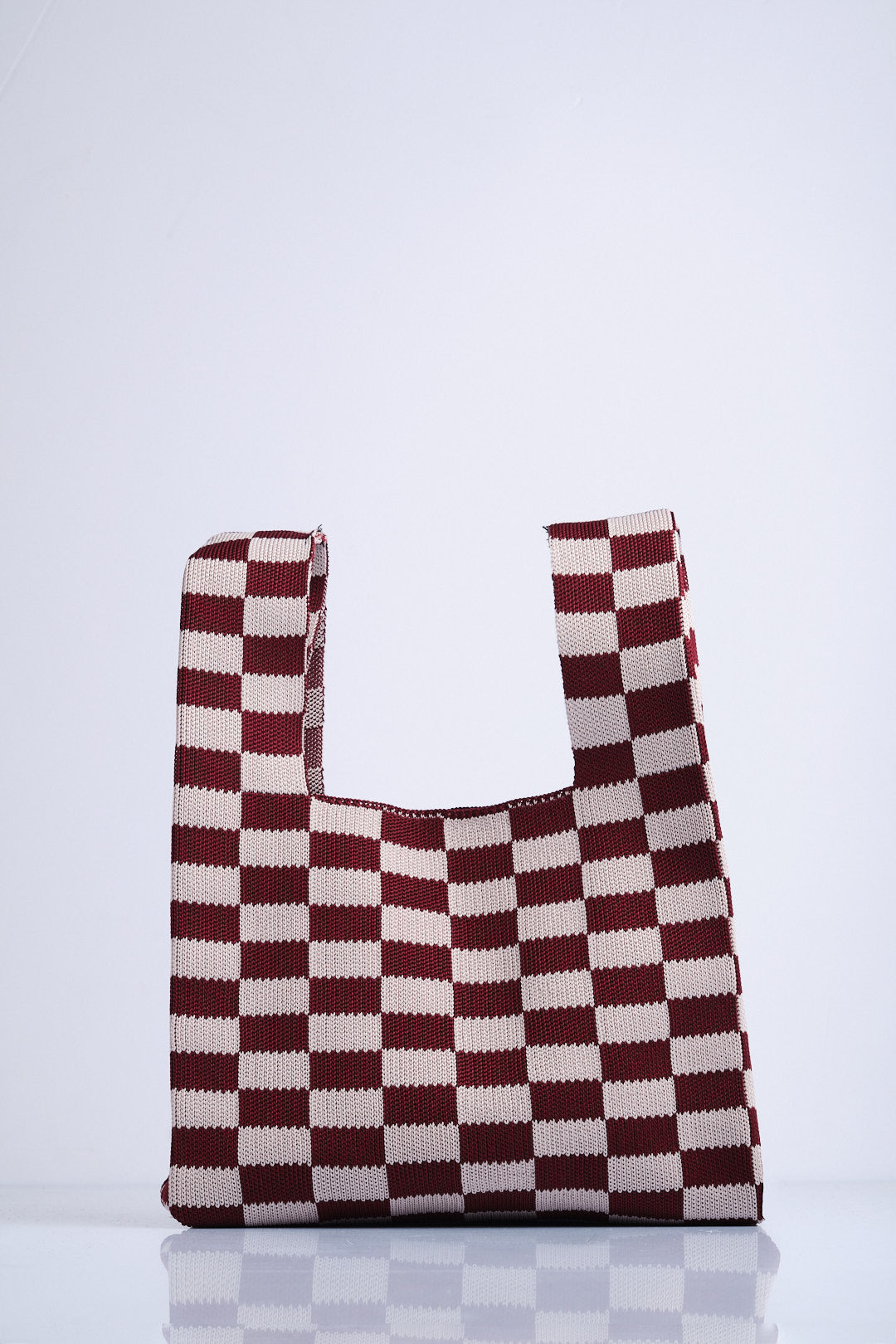 Bordo-Bej - Kareli Desenli Triko Tote El Çantası