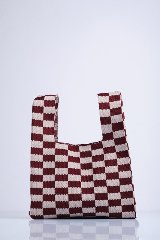 Bordo-Bej - Kareli Desenli Triko Tote El Çantası