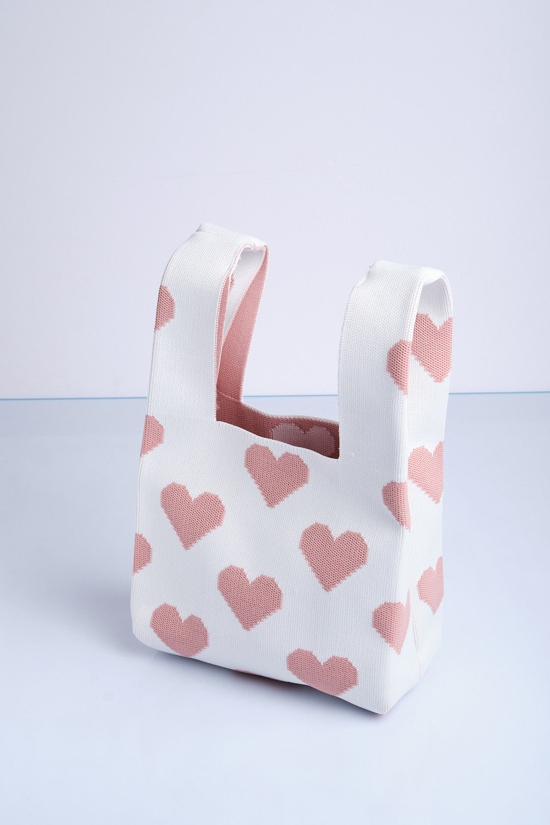 Pembe-Beyaz - Kalp Desenli Triko Tote El Çantası