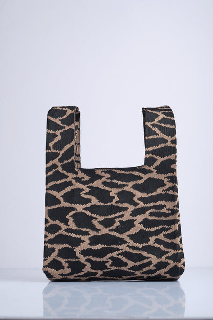 Bisküvi-Siyah - Leopar Desenli Triko Tote El Çantası