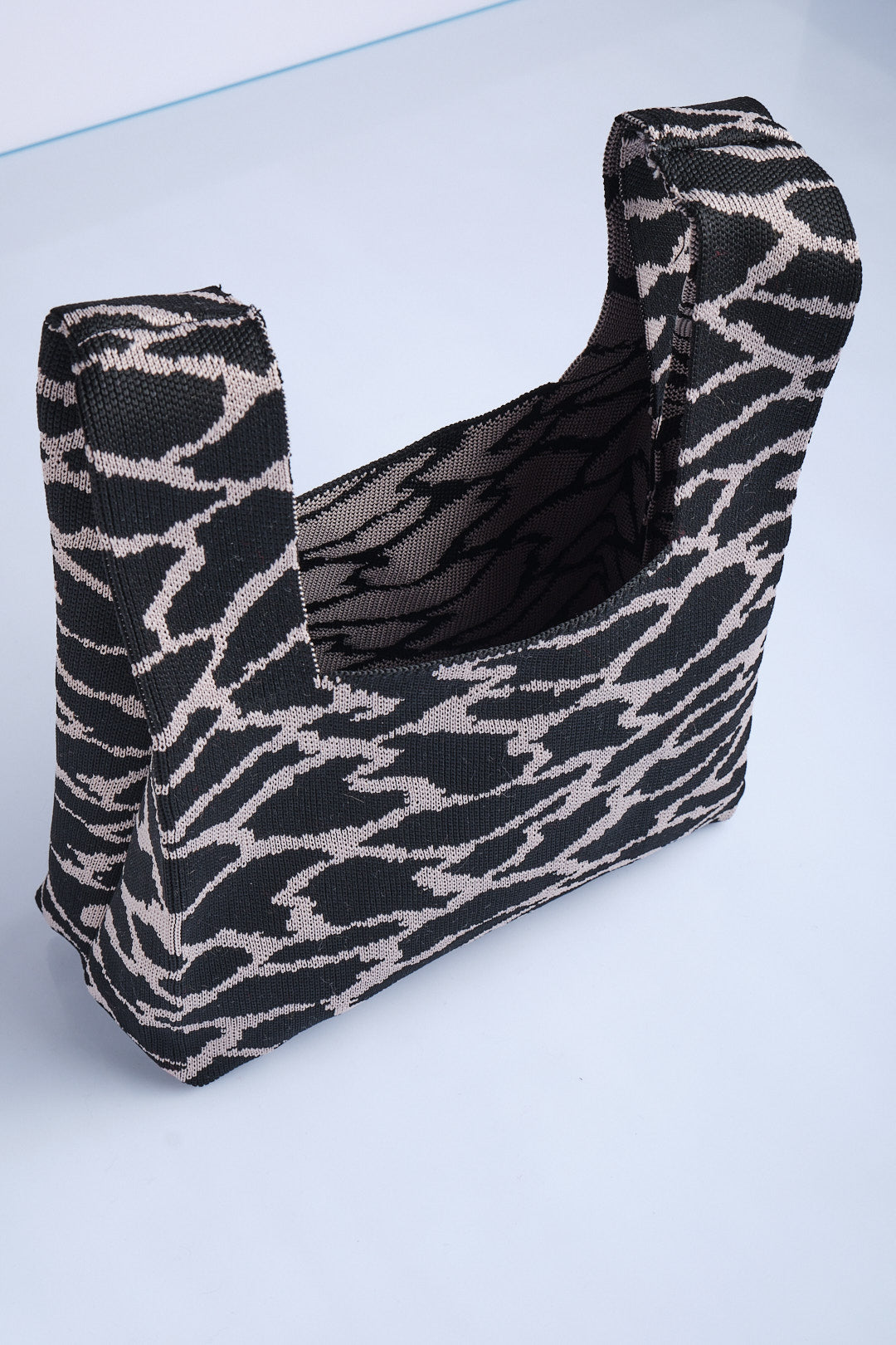 Krem-Siyah - Leopar Desenli Triko Tote El Çantası