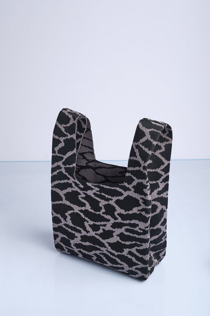 Siyah-Antrasit - Leopar Desenli Triko Tote El Çantası