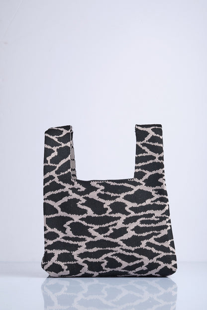 Krem-Siyah - Leopar Desenli Triko Tote El Çantası