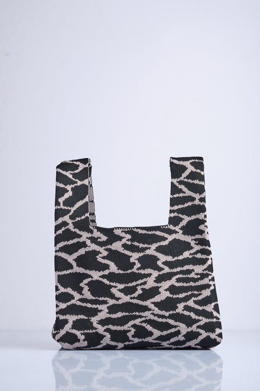 Krem-Siyah - Leopar Desenli Triko Tote El Çantası