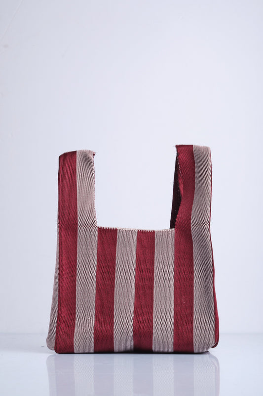 Bordo-Gri - Çizgili Desenli Triko Tote El Çantası