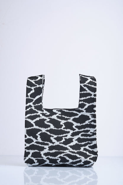 Siyah-Beyaz- Leopar Desenli Triko Tote El Çantası