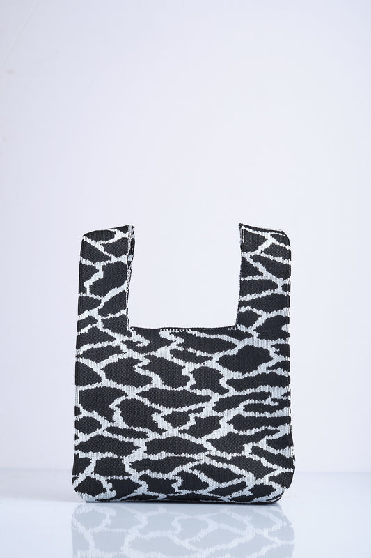 Siyah-Beyaz- Leopar Desenli Triko Tote El Çantası