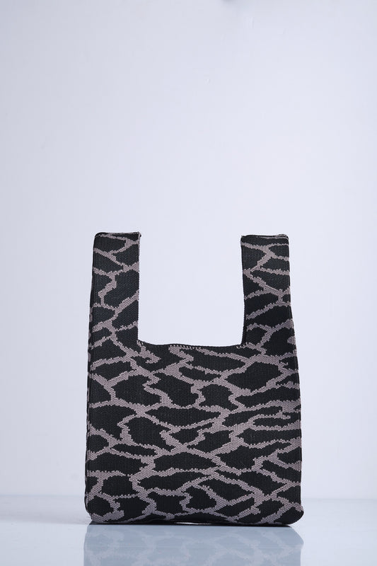 Siyah-Antrasit - Leopar Desenli Triko Tote El Çantası