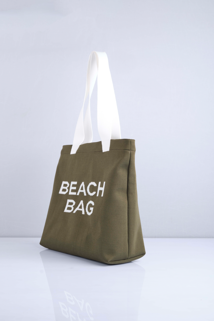 Haki - Beach Bag Yazılı Triko Plaj Çantası