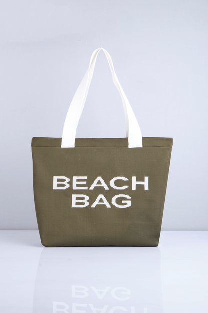 Haki - Beach Bag Yazılı Triko Plaj Çantası