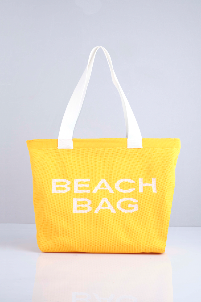 Sarı - Beach Bag Yazılı Triko Plaj Çantası