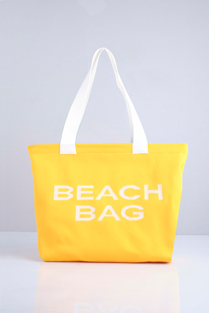 Sarı - Beach Bag Yazılı Triko Plaj Çantası