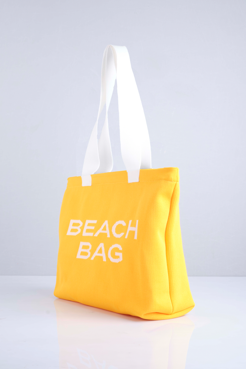Sarı - Beach Bag Yazılı Triko Plaj Çantası