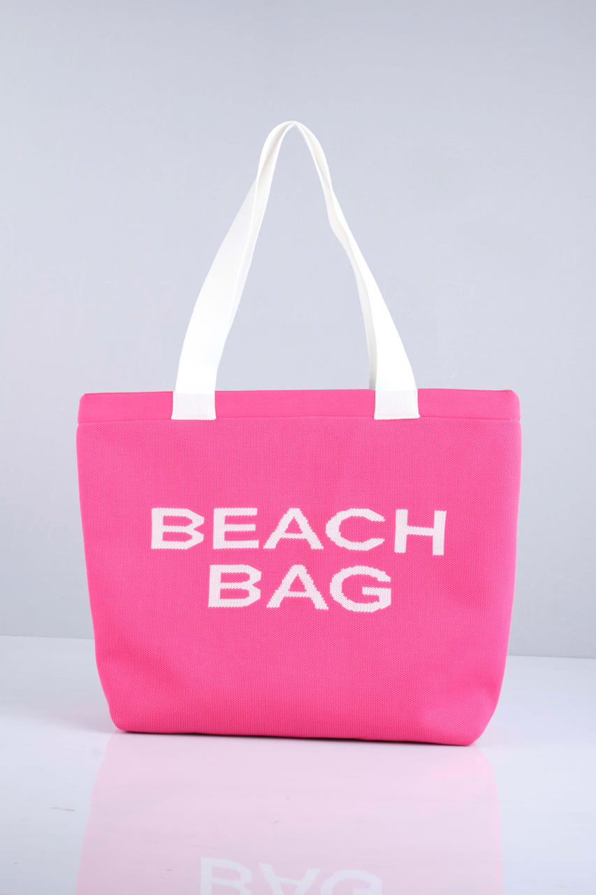 Fuşya - Beach Bag Yazılı Triko Plaj Çantası