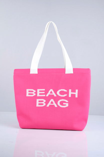 Fuşya - Beach Bag Yazılı Triko Plaj Çantası