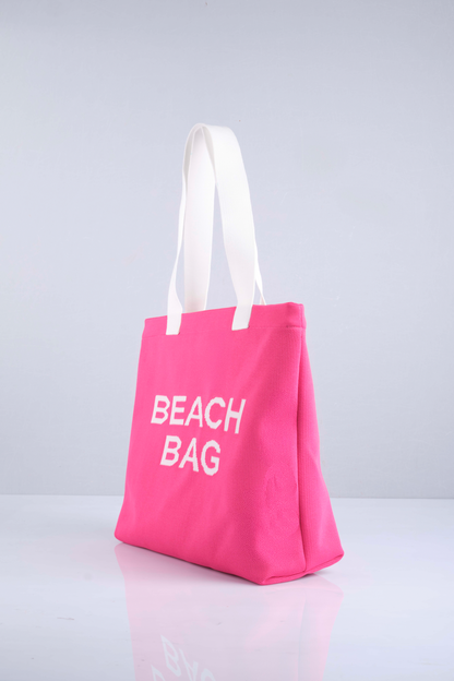 Fuşya - Beach Bag Yazılı Triko Plaj Çantası