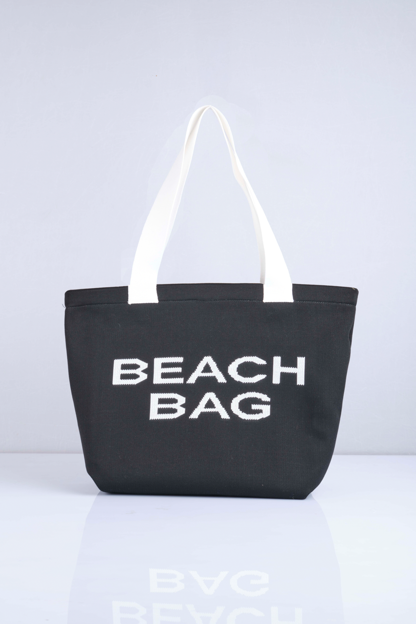 Siyah - Beach Bag Yazılı Triko Plaj Çantası