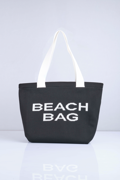 Siyah - Beach Bag Yazılı Triko Plaj Çantası