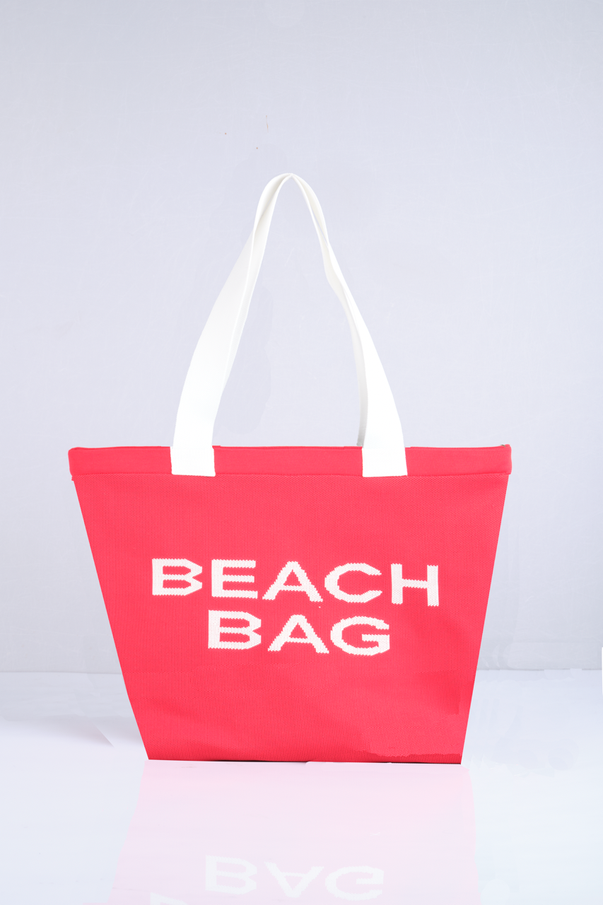 Kırmızı - Beach Bag Yazılı Triko Plaj Çantası