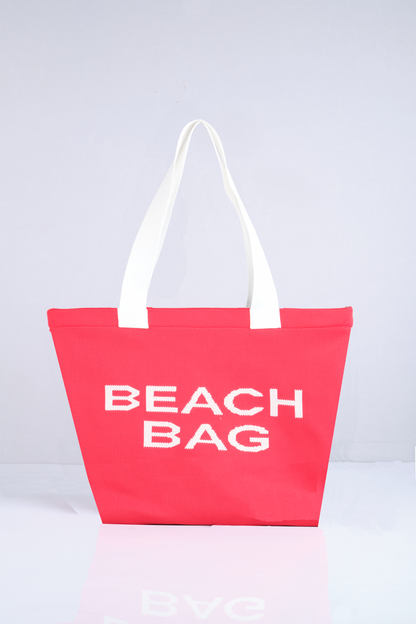 Kırmızı - Beach Bag Yazılı Triko Plaj Çantası