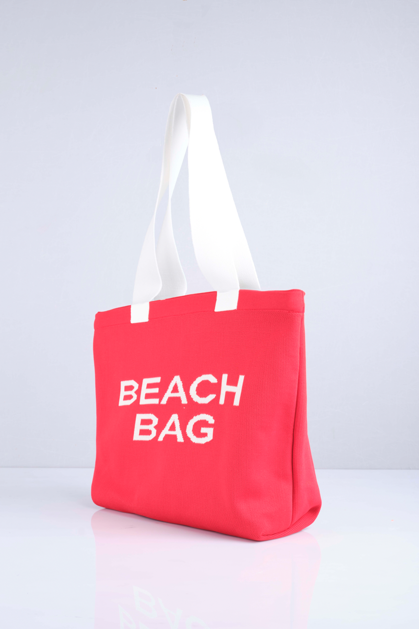 Kırmızı - Beach Bag Yazılı Triko Plaj Çantası
