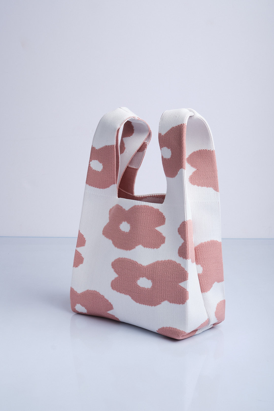 Pembe-Beyaz - Çiçek Desenli Triko Tote El Çantası