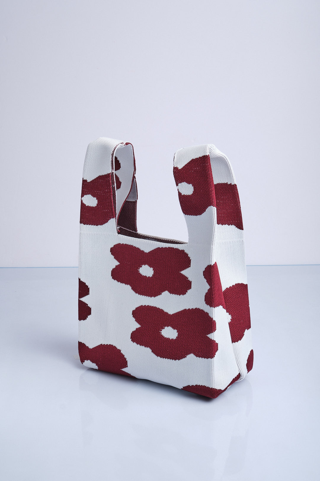 Bordo-Beyaz - Çiçek Desenli Triko Tote El Çantası