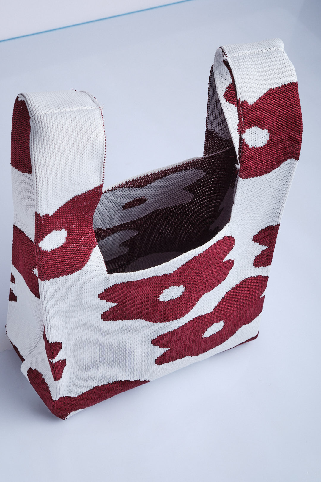 Bordo-Beyaz - Çiçek Desenli Triko Tote El Çantası