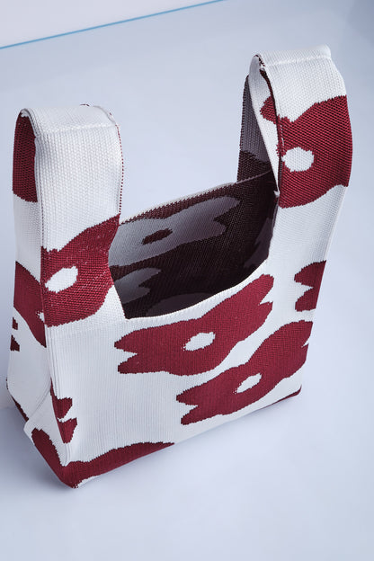 Bordo-Beyaz - Çiçek Desenli Triko Tote El Çantası
