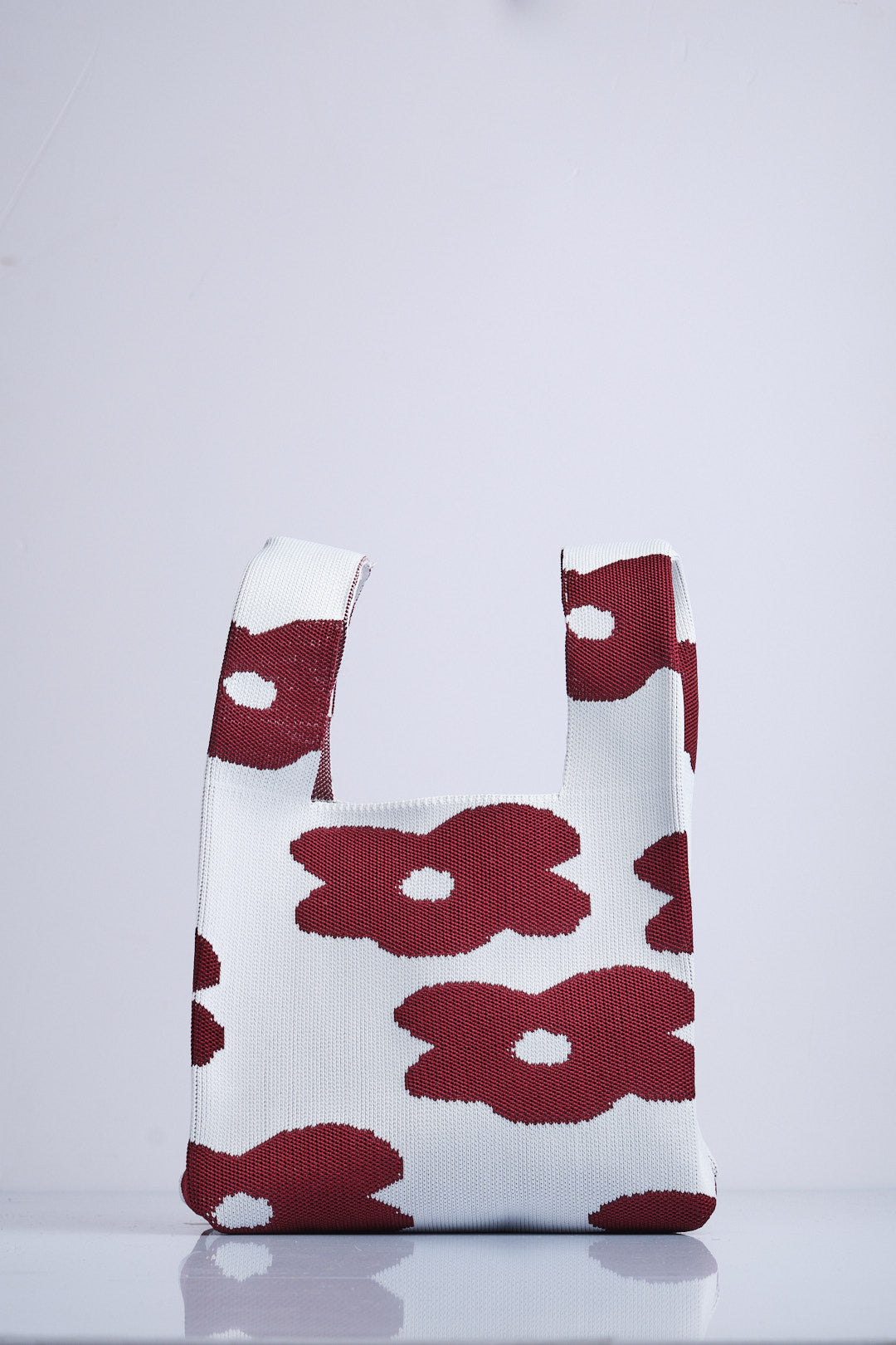 Bordo-Beyaz - Çiçek Desenli Triko Tote El Çantası