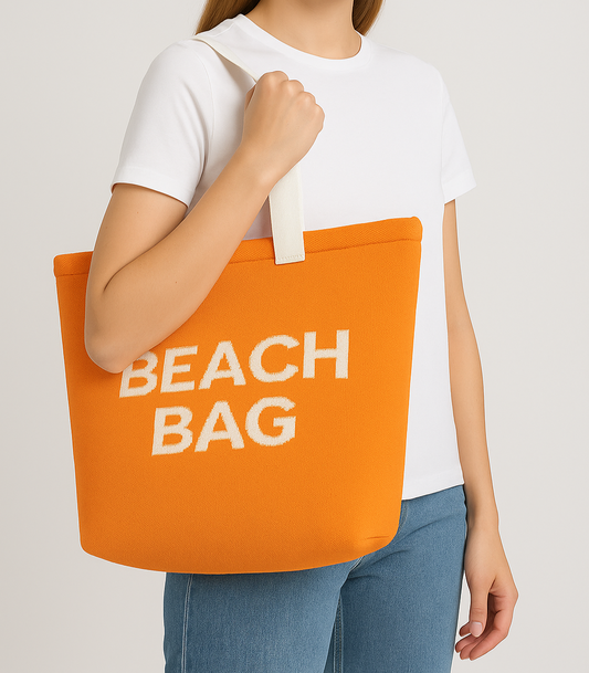 Turuncu - Beach Bag Yazılı Triko Plaj Çantası